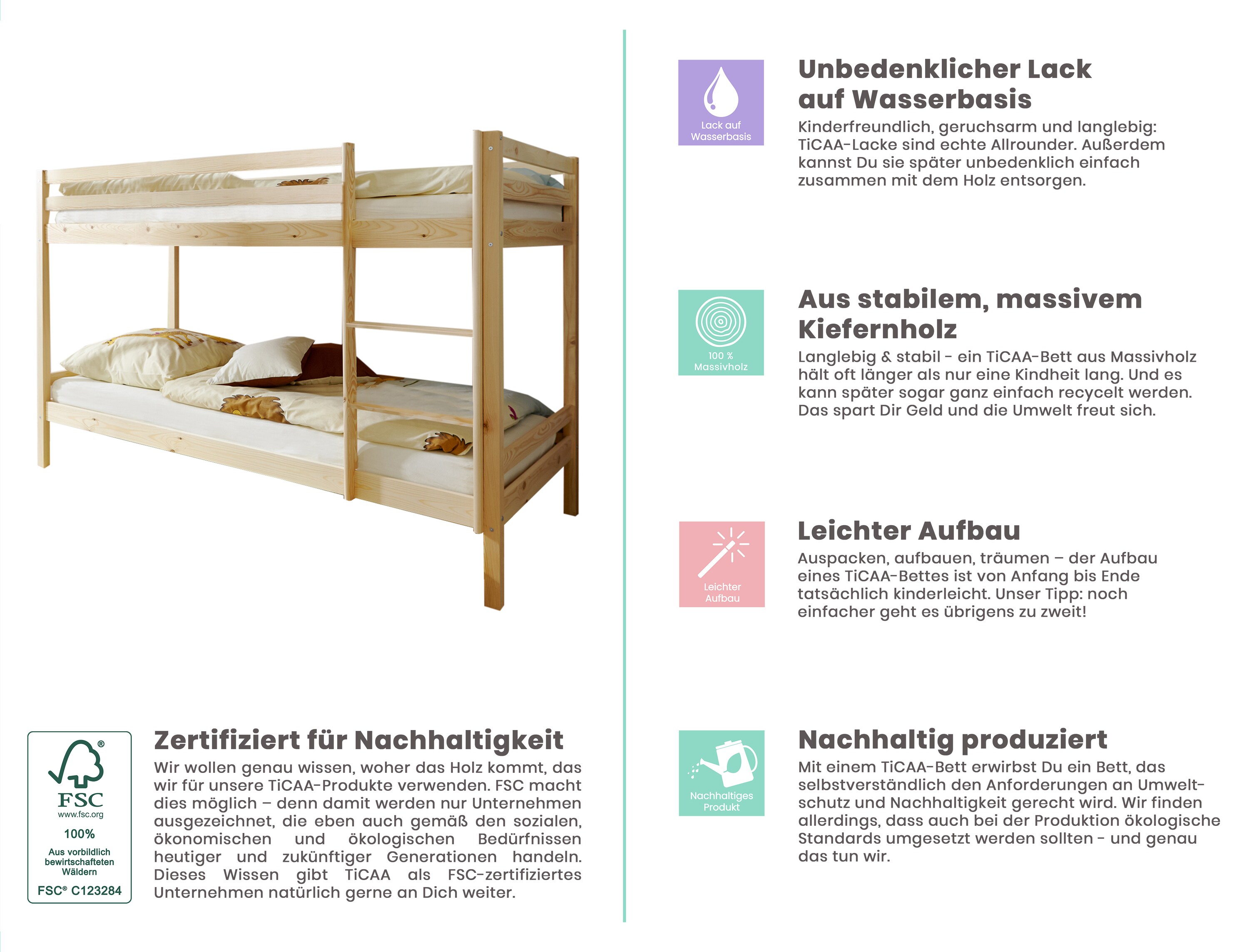 TiCAA Etagenbett Stockbett Rene Kiefer massiv Natur