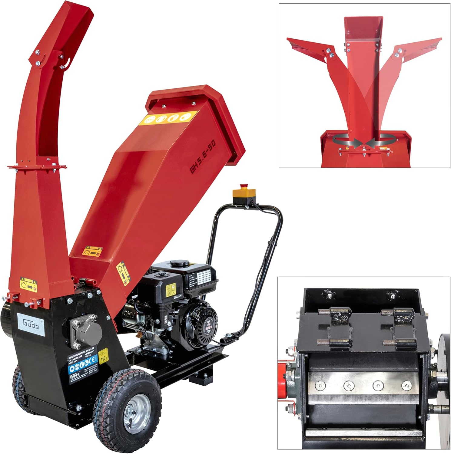 Güde Gartenhäcksler GH 5.6-50 (4-Takt Benzinmotor 4,1/5,6 (kW/PS), max. 3600 1/min, Hubraum 212 cm³, Leichtstart, max. 50 mm Aststärke, Spritzschutz, Notausschalter, luftbereifte Räder)