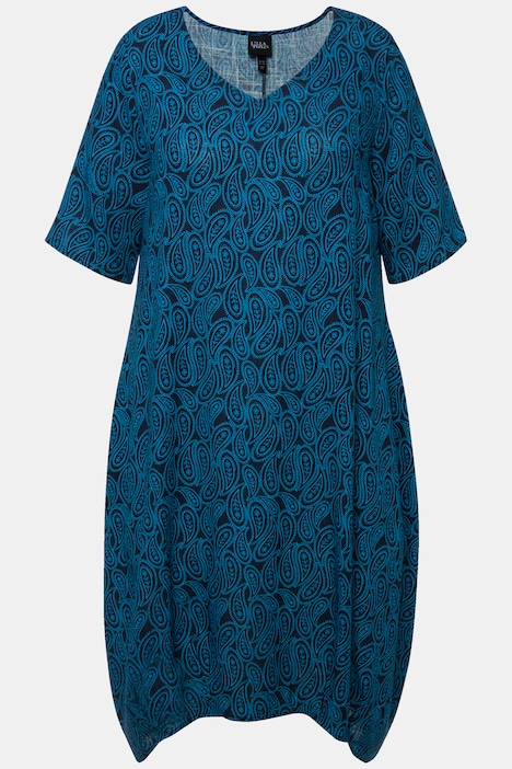 Kleid, Leinenmix, Bogensaum, V-Ausschnitt, Halbarm