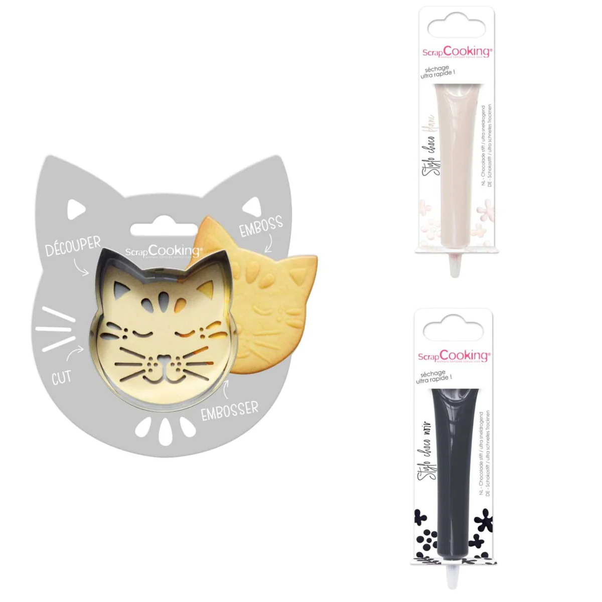 Kit pour biscuit en relief Chat + 2 Stylos au chocolat blanc et noir S