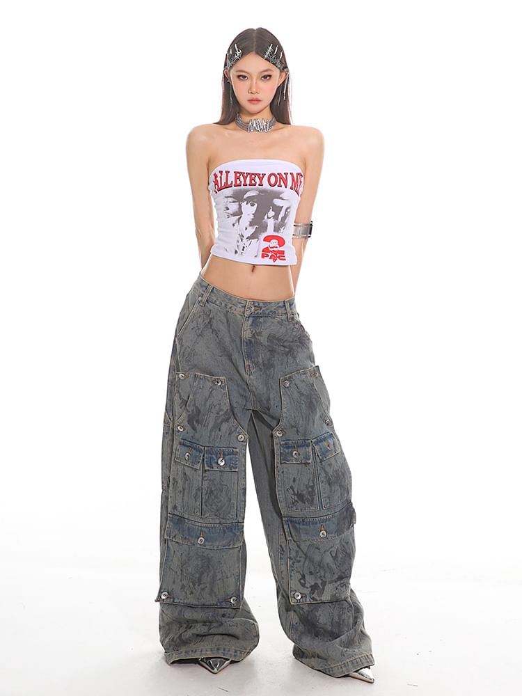 SPUCIKLEI - Lage taille patchwork gewassen wijde cargo jeans
