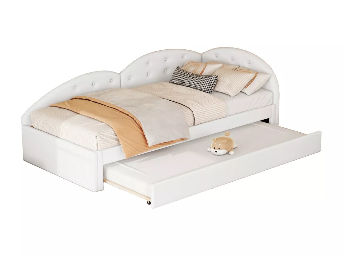 Lit gigogne 90 x 200 cm + 80 x 190 cm avec tête de lit - Cuir PU - sommier à lattes - coloris blanc