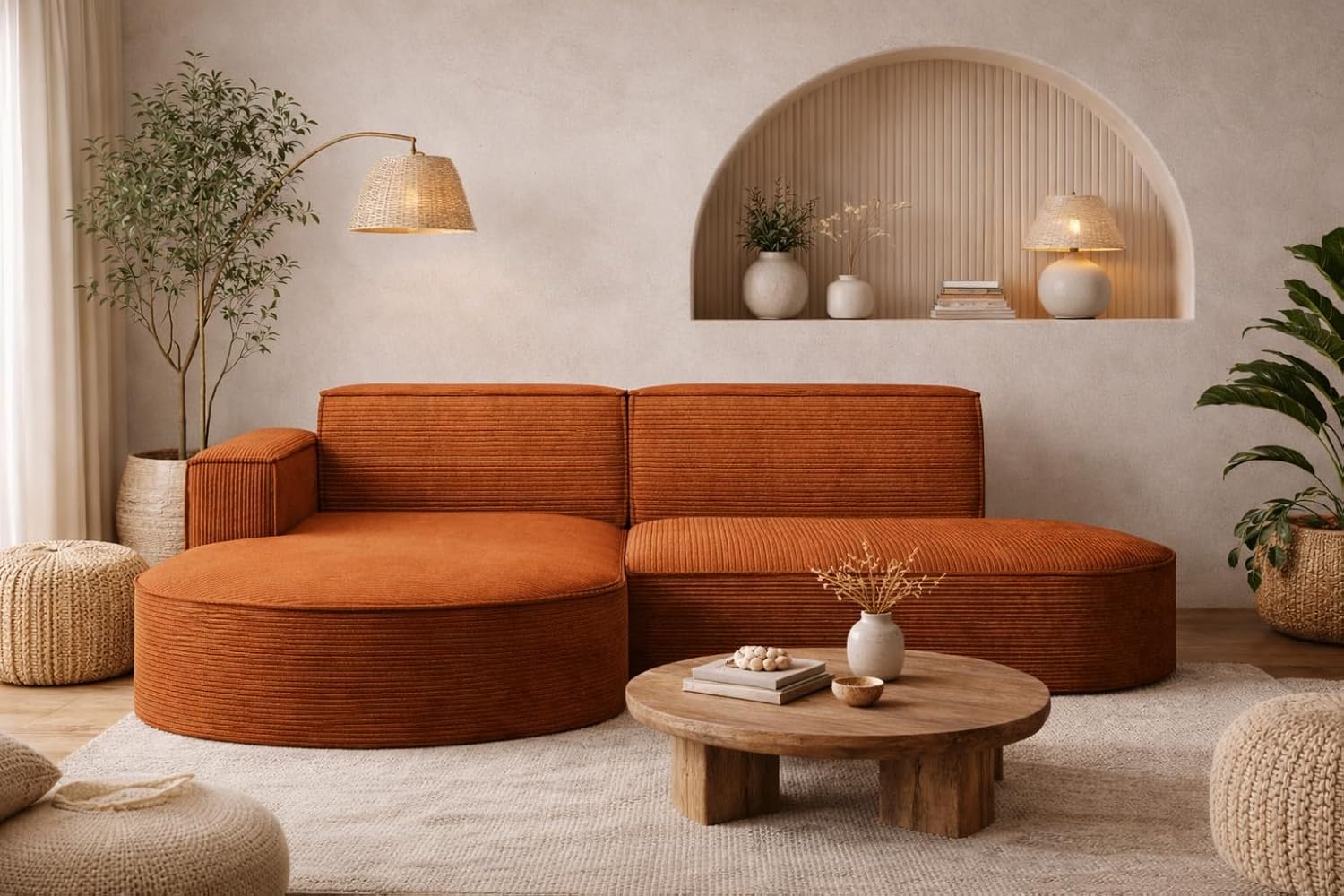 Kaiser Möbel - Ecksofa mit Wohnlandschaft, Eckcouch L-Form, Sofa 3-sitzer, Polstersofa, Bequemes Couch mit Ottomane für Wohnzimmer, Relaxsofa, Stilvolles Cord Sofa, Modena Studio, Ziegel, Links