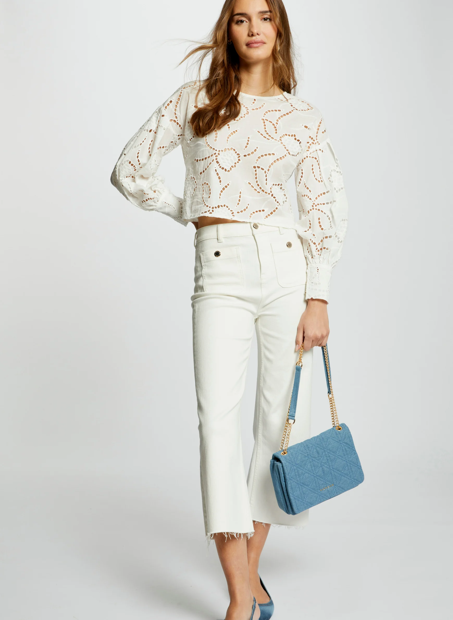 PCLIC - Pantalon large 7/8ème en coton mélangé | Blanc