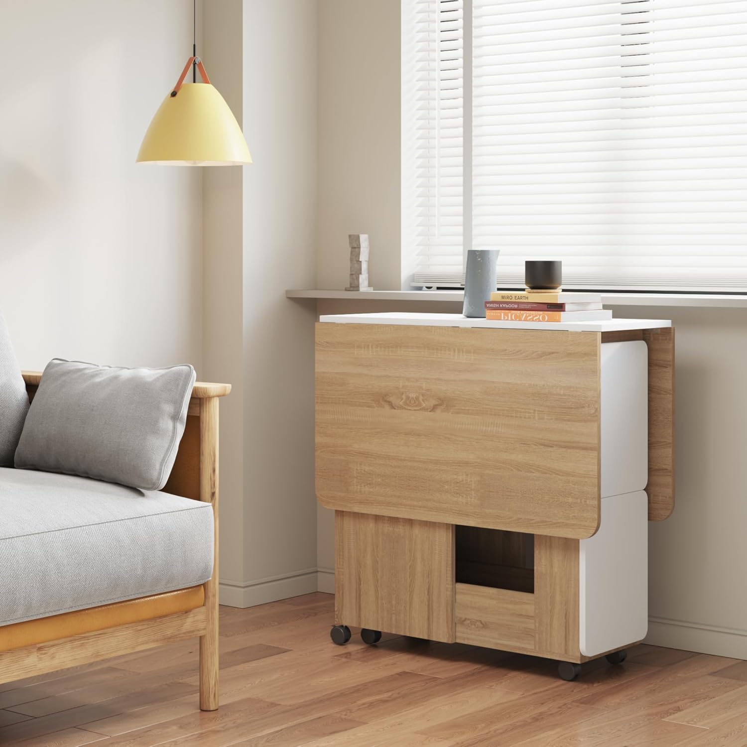 Mondeer Essgruppen, Klappbarer Esstisch mit 4 Stühlen, Esstisch Set mit Rollen und 2 Offenen Ablagen, für Kleine Räume Esszimmer Küche, 120 x 80 x 80 cm, Eiche und Weiß