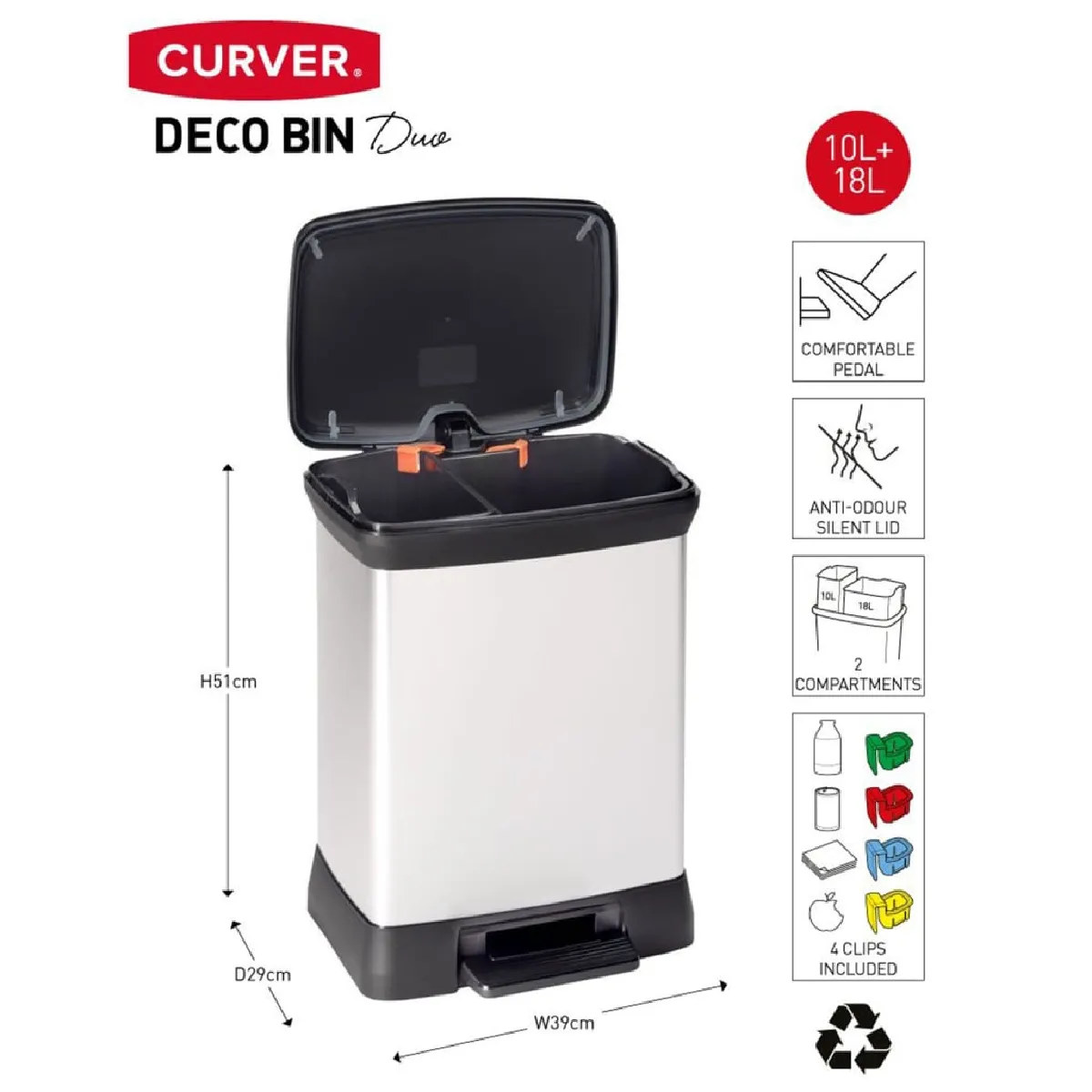 Curver Poubelle Duo à Pédale 10L+18L - Argenté