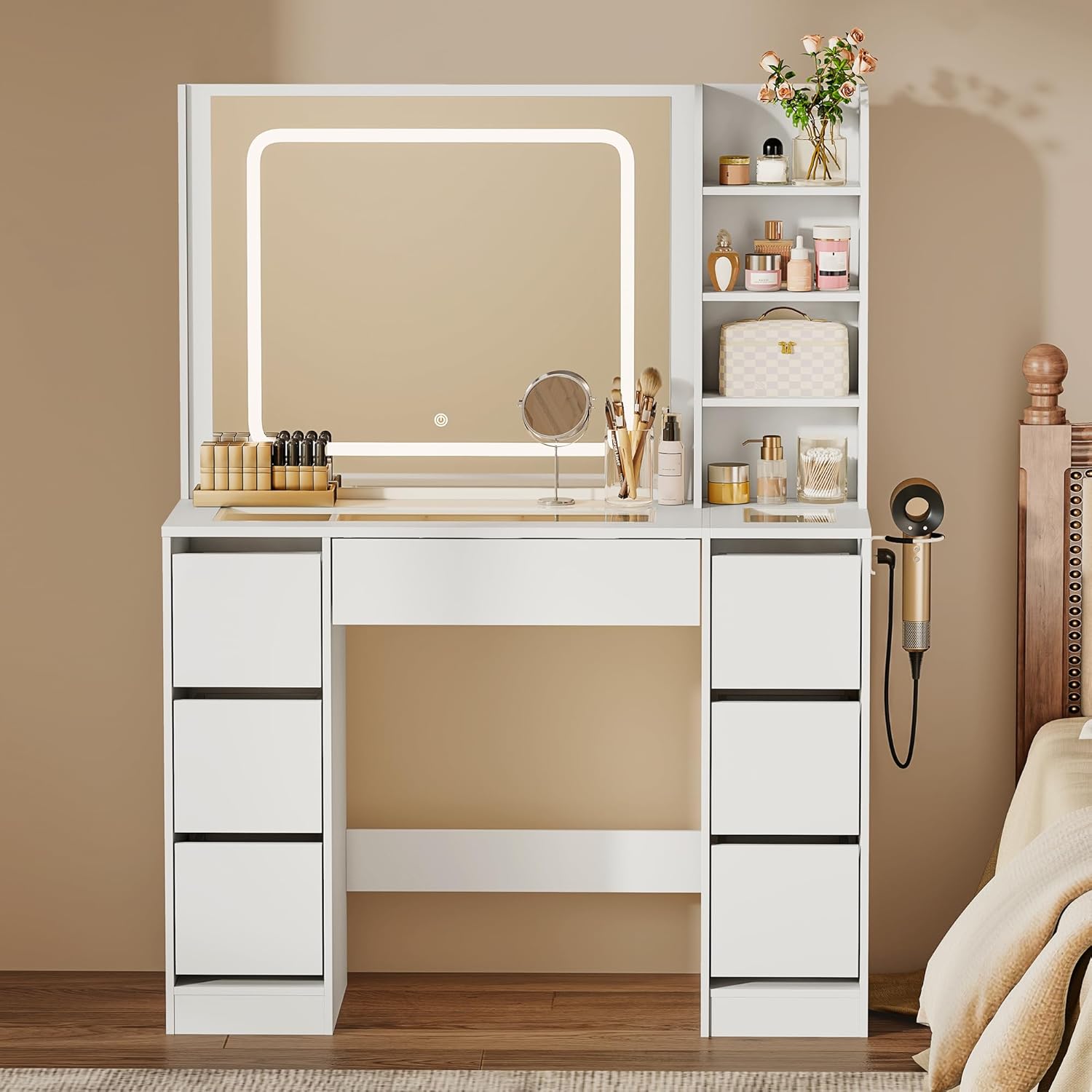 yeshine Schminktisch mit Beleuchtung, 105X39.8X140CM, Modern Makeuptisch mit großem Spiegel, Groß Dressing Table mit Schubladen, mit Steckdose, Weiß