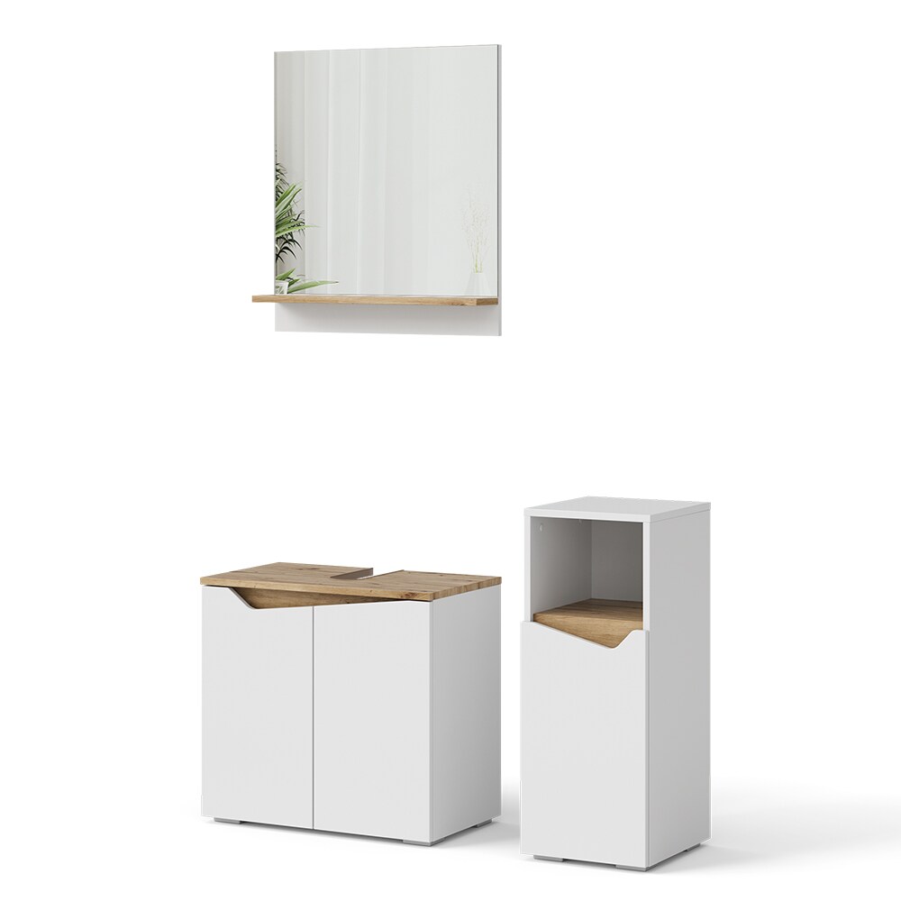 Vicco Badmöbel-Set Marelle Weiß Artisan moderne Serie Badezimmer dekorative Front Waschtischunterschrank Badspiegel Midischrank