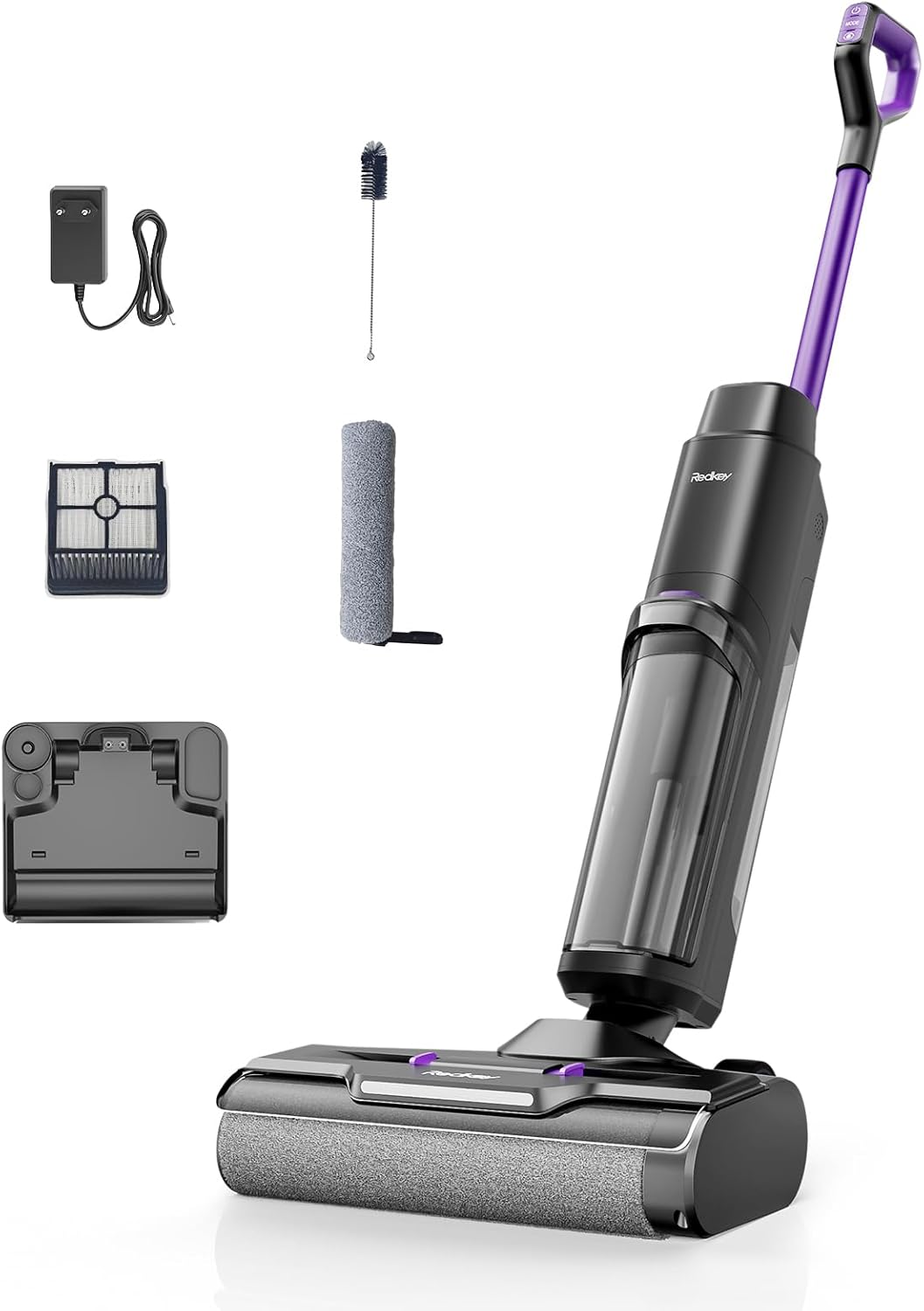 Redkey W15 Nass Trockensauger Akku, 20.000 Pa Selbstreinigung & Wischfunktion, 910ml Dual Wassertank, 3 Reinigungsmodi, Kantenreinigung 6 mm, LED Spracherinnerung, Staubsauger für Hartböden,Tierhaare