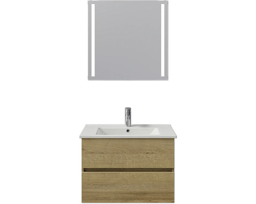 Badkamermeubelset Pelipal Cavallino (B x H x D 75 x 200 x 45 cm), frontkleur: Riviera eiken, met witte keramische wastafel, badmeubel en spiegel