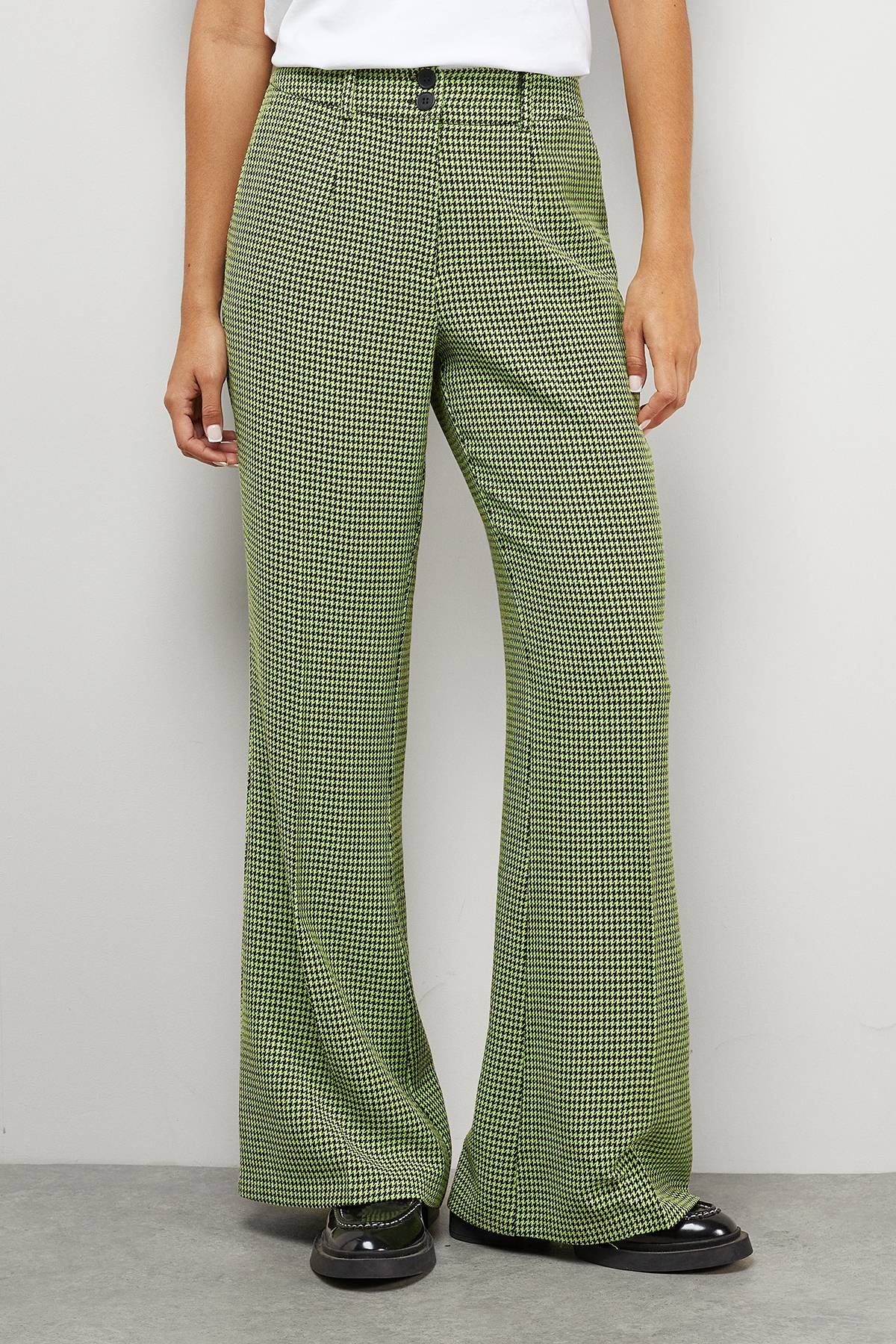 Warehouse Pantalon Coordonné Taille Haute Pied-de-Poule Lime avec Ceinture Profonde