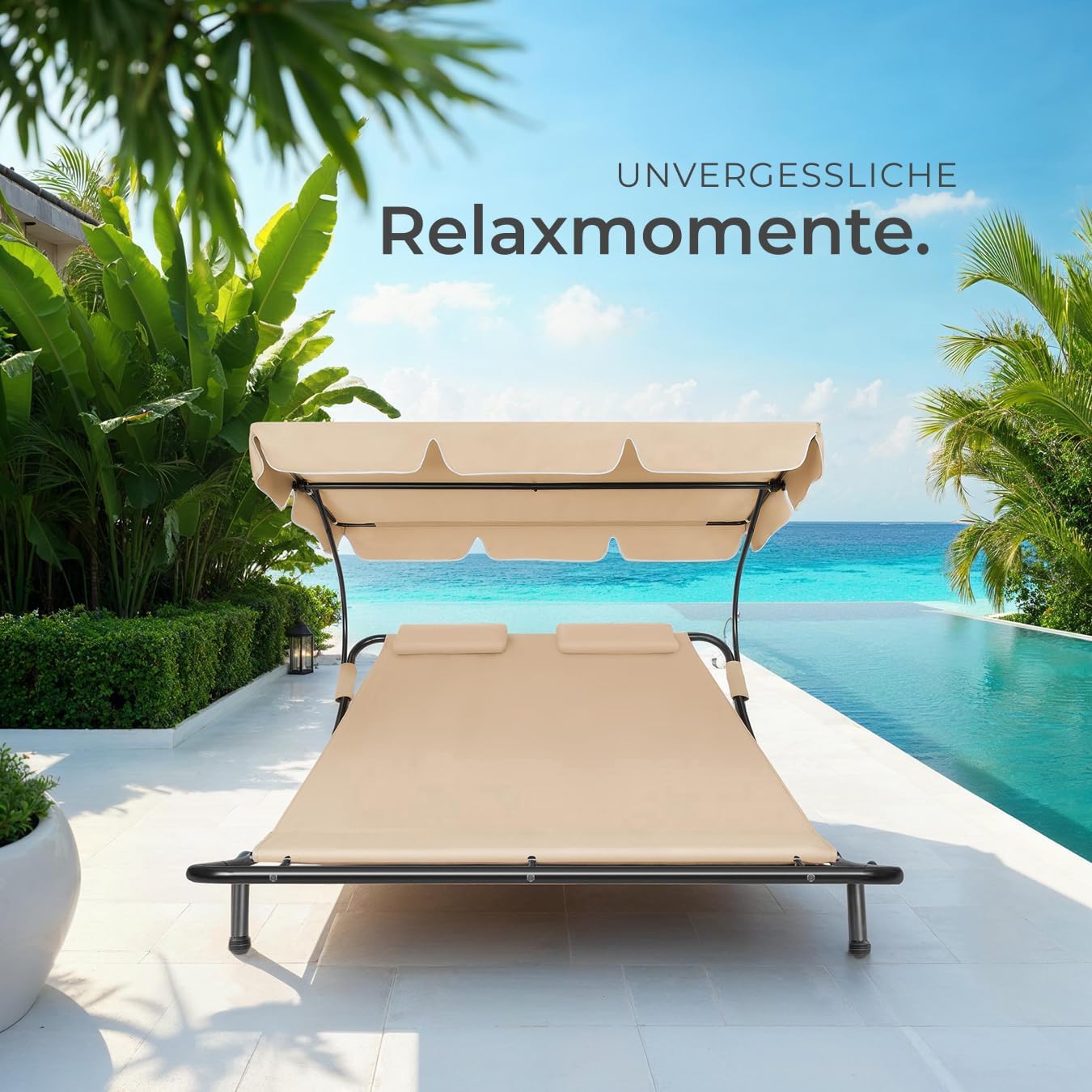 tectake Sonnenliege, Doppelliege, Outdoor Liege für 2 Personen, Gartenliege mit Sonnendach, Relaxliege, Sonnenliege mit Dach, inkl. 2 Kissen, ideal für Garten oder Balkon - schwarz/beige