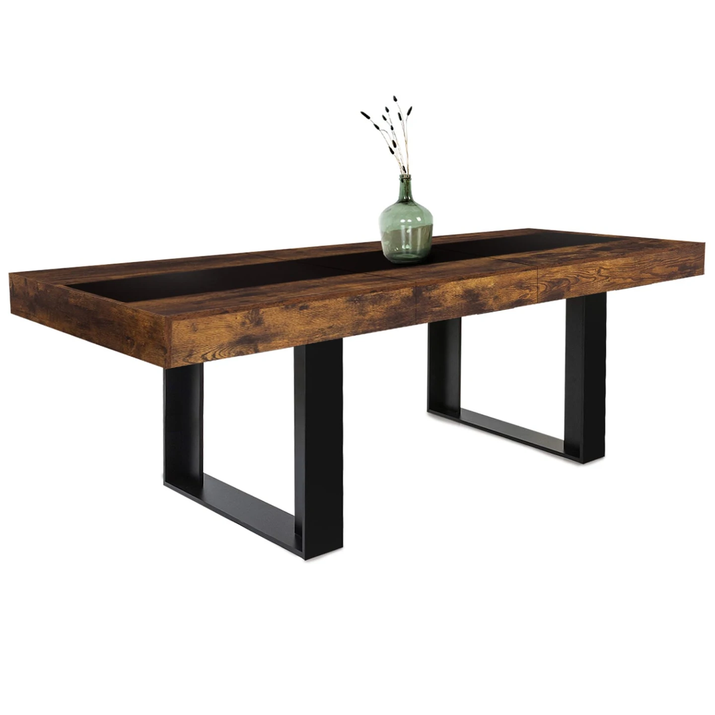 Table à manger extensible rectangle PHOENIX 4-8 personnes bois effet vieilli et noir bande centrale noire 160-200 cm