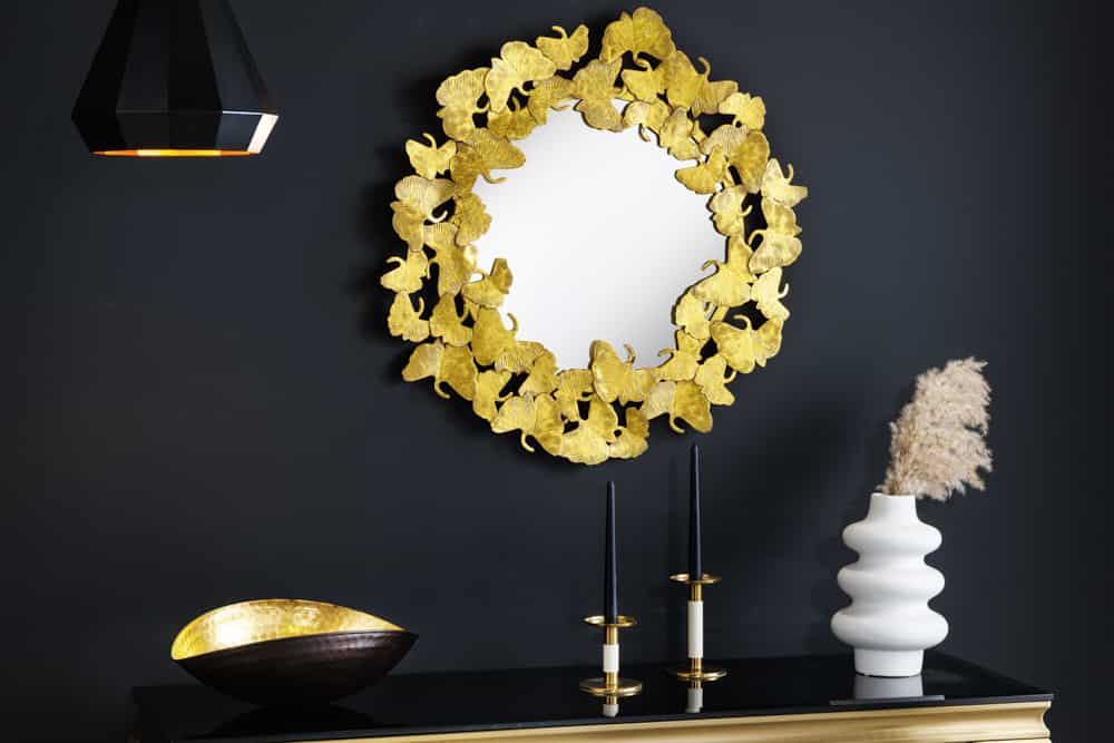 Dekorativer Wandspiegel GINKGO LEAFS L 70cm gold rund aus Metall handmade