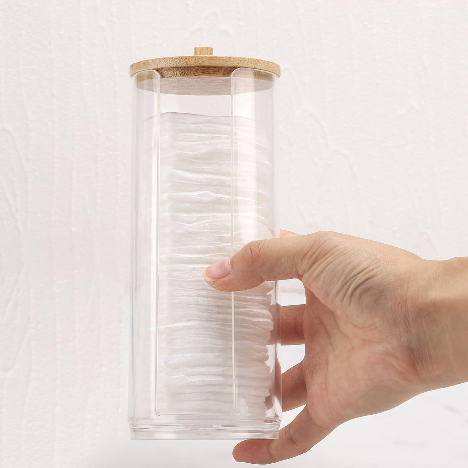 (18x7cm) Wattepad Spender Beauty Make Up Organizer Aufbewahrungsbox mit Bambus Deckel - Transparent