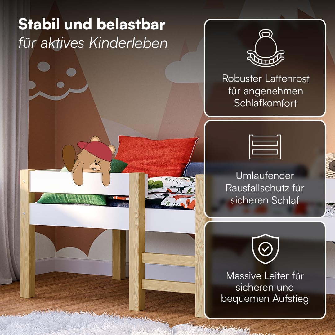 Bellabino Aspy Kinderbett 90x200 cm – Hochbett mit Rausfallschutz & Lattenrost – Halbhochbett mit Leiter aus Kiefer Massivholz in Weiß/Natur – Jugendbett für Jungen und Mädchen