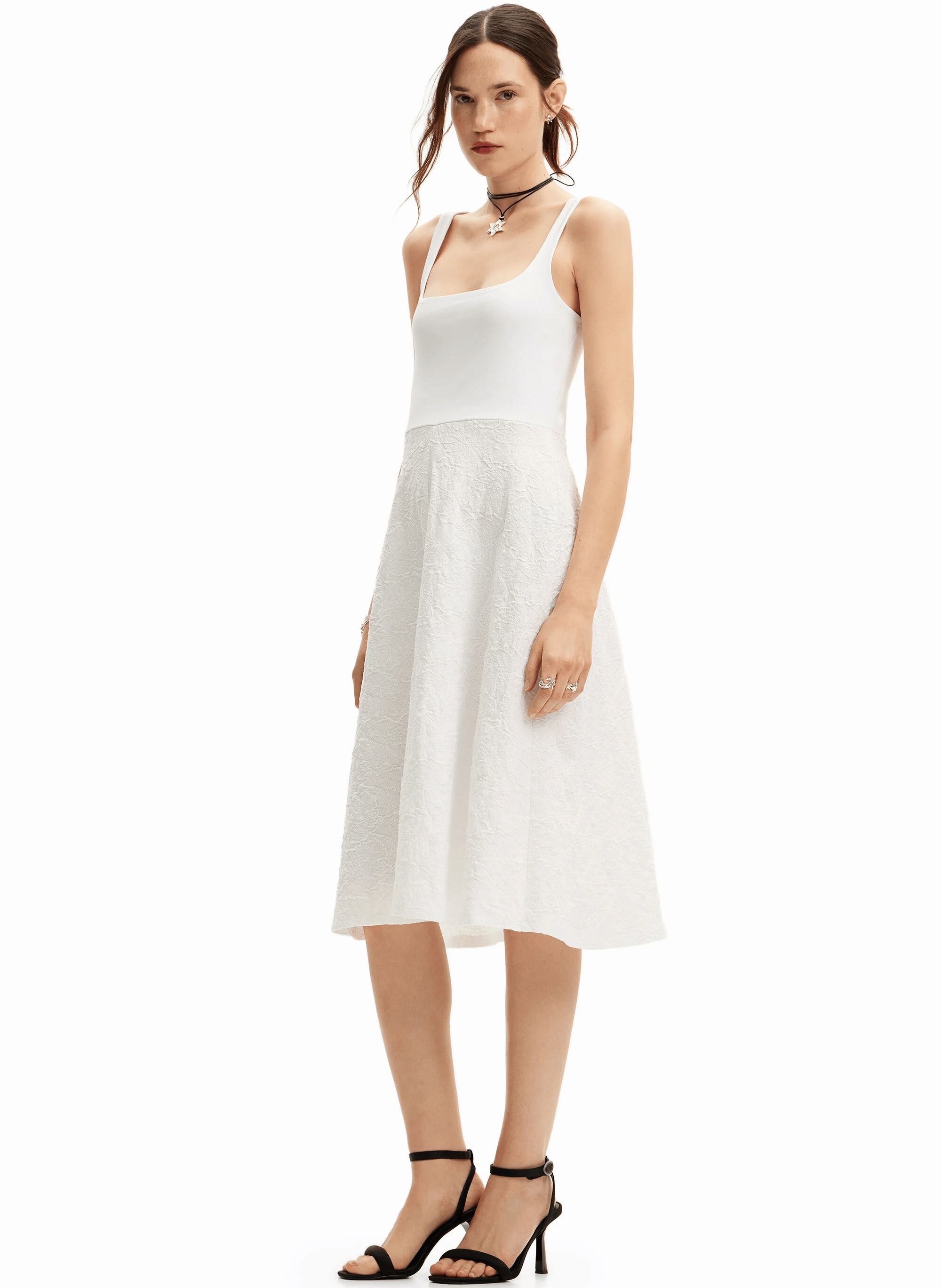 Robe midi droite encolure carrée en coton mélangé | Blanc