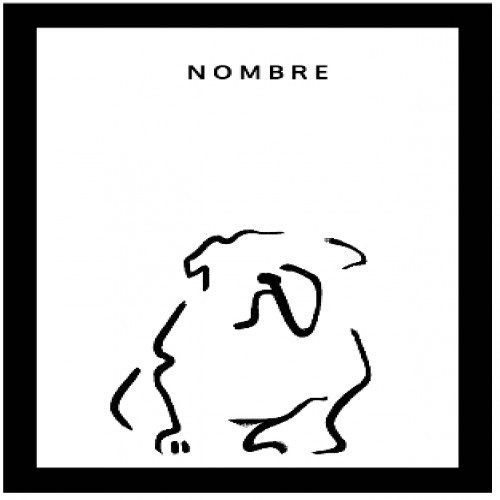 Ilustração de Bulldog em formato A4 com moldura preta e detalhes em branco.