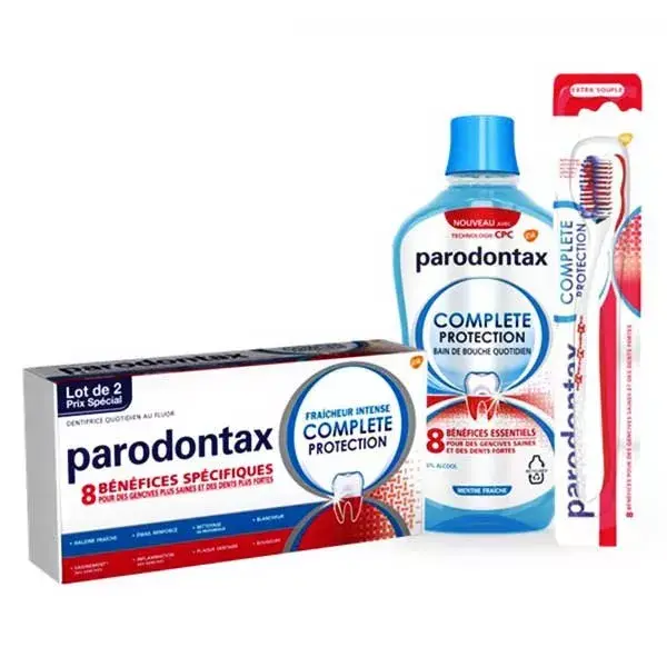 Enxaguante bucal diário Parodontax 500ml, creme dental Complete Protection Freshness 2x75ml e escova de dentes macia Complete Protection