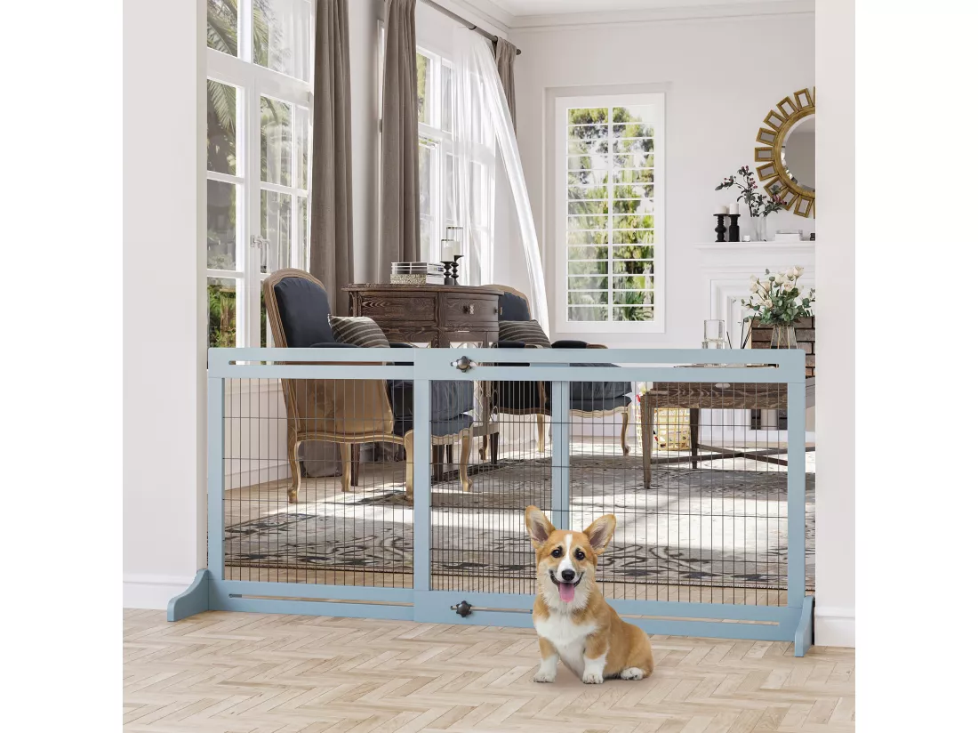 Barrière de sécurité chien barrière autoportante longueur réglable dim. 104-183L x 36l x 69H cm bois pin gris acier noir