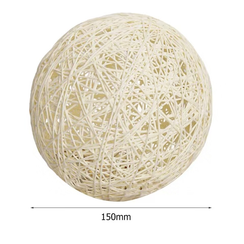 (Ø15cm) LED Rattan Kugel Lampe Nachtlicht USB Home Deko Beleuchtung mit Holz Sockel - Weiss