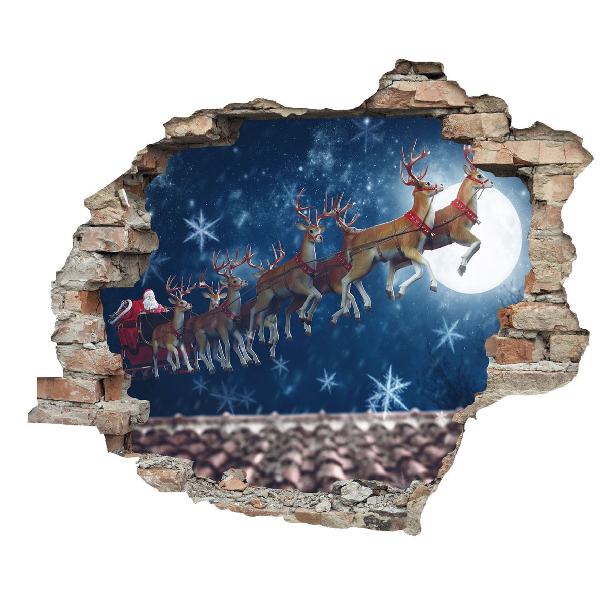 3D muurdoorvoer zelfklevende sticker Kerstman over de daken WS16034_60x50 cm