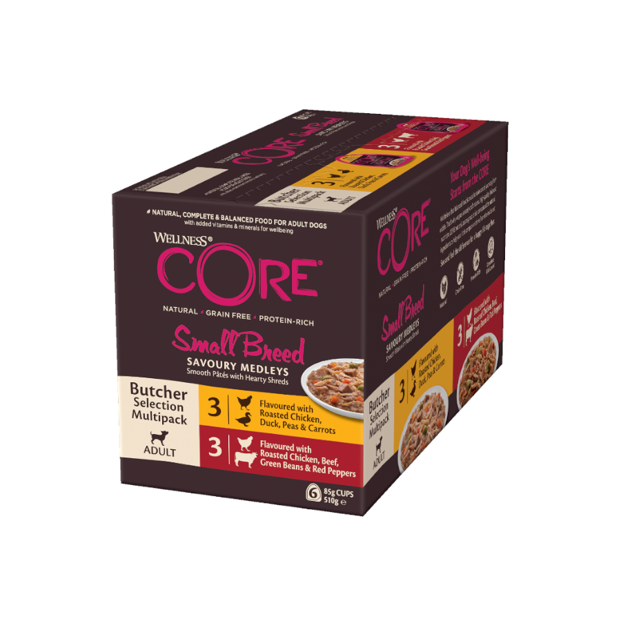 6 potes de 85 g de ração Wellness Core Small Butcher Selection para cães