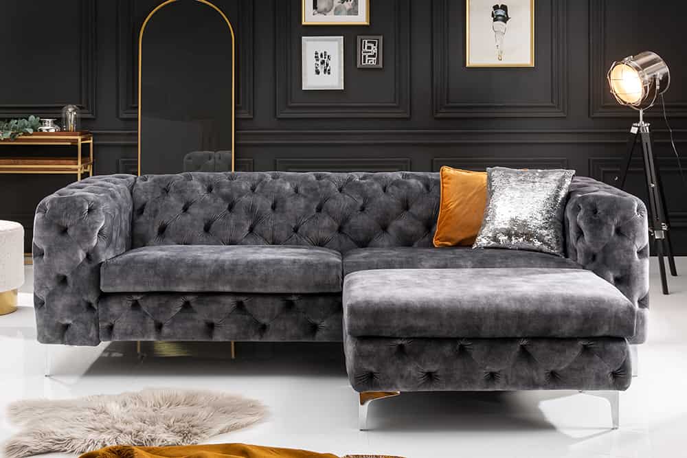 Chesterfield Hocker MODERN BAROCK 90cm dunkelgrau Samt Sitzhocker Fußhocker