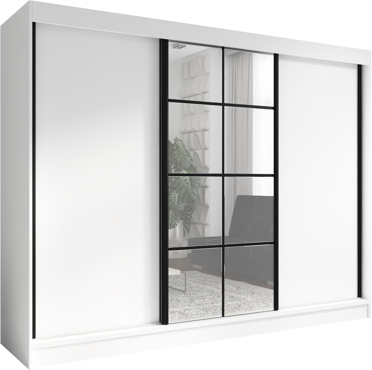 A&J MöbelLand Schwebetürenschrank ORAVELLE Kleiderschrank 3-türig mit Schubladen und Spiegel Garderobenschrank 200 cm (Weiß)