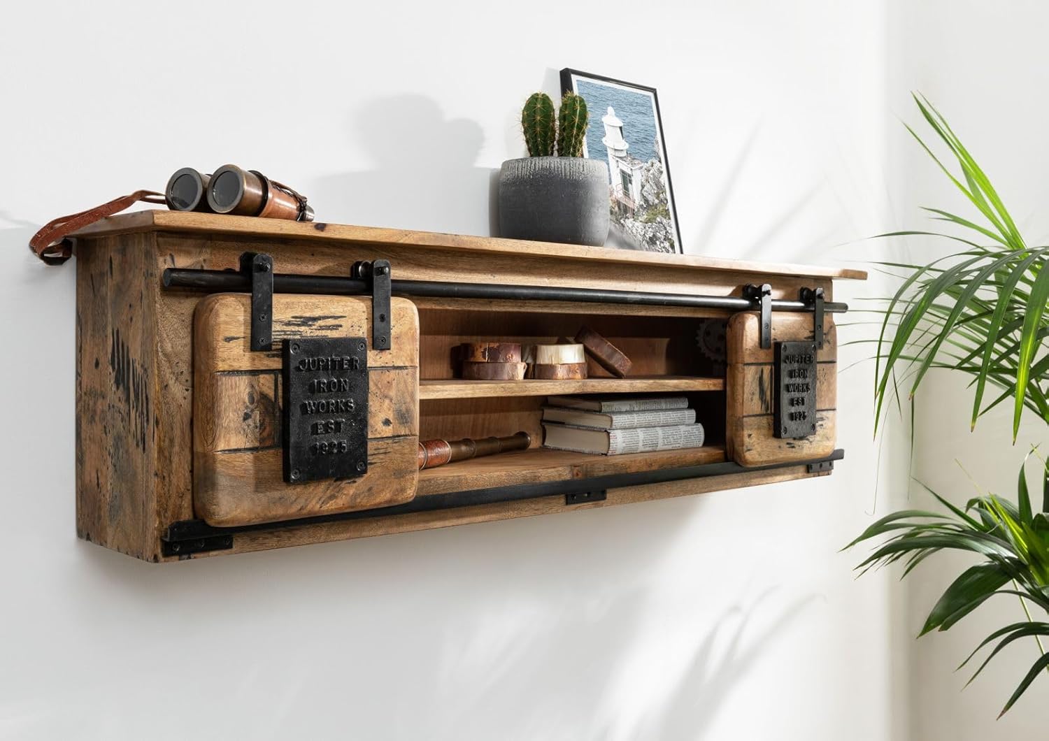 MASSIVMOEBEL24.DE Railway Wandregal 130x25x35 Mango mit 2-türig Zwischenboden, Farbe:Natur lackiert, Größe:130x25x35 cm (BxTxH)
