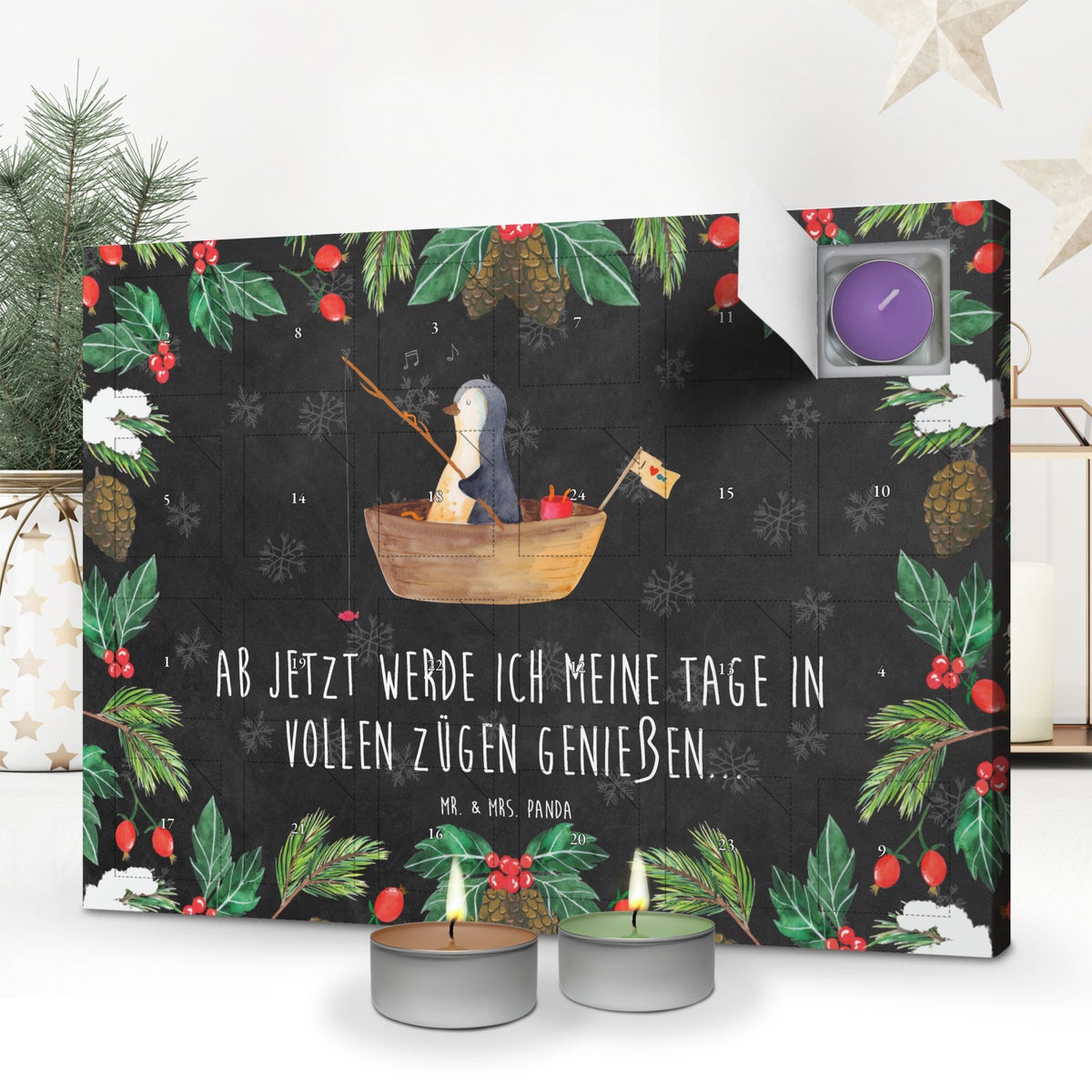 Mr. & Mrs. Panda Geurkaars Adventskalender Pinguïn Vissersboot - Zwart