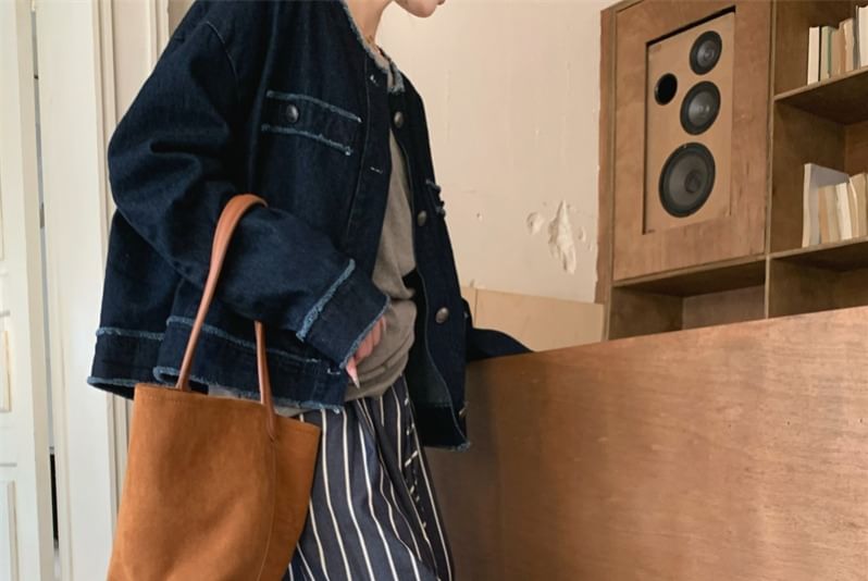 Flowerisque - Gestreepte broek met hoge taille en wijde pijpen / Gerafelde denim enkelrijsjas