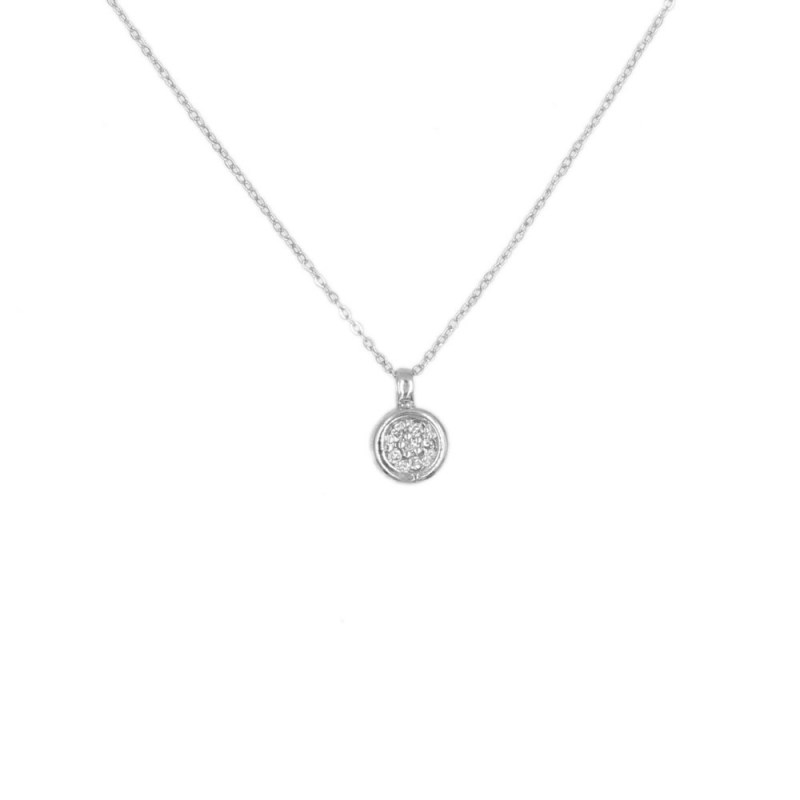 Collier - Pendentif Or Blanc Pavé Diamants - Chaine Argentée - Femme