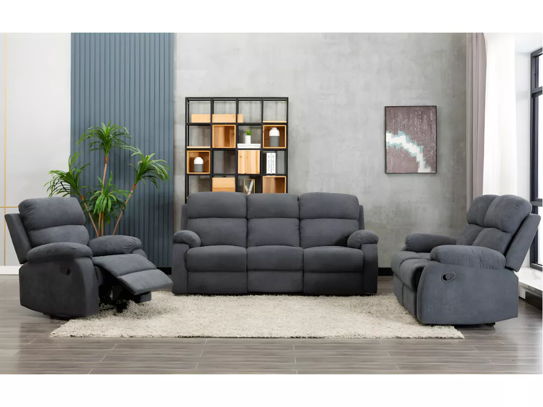 Canapés 3 places 2 places et un fauteuil relax en tissu TOLZANO - Anthracite