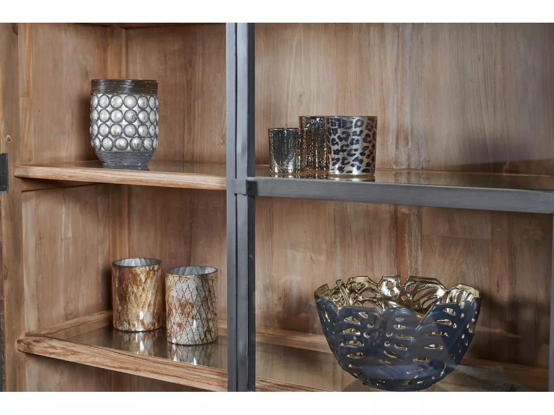 Buffet vaisselier en bois recyclé et métal 4 portes éclairage LED - LINAS