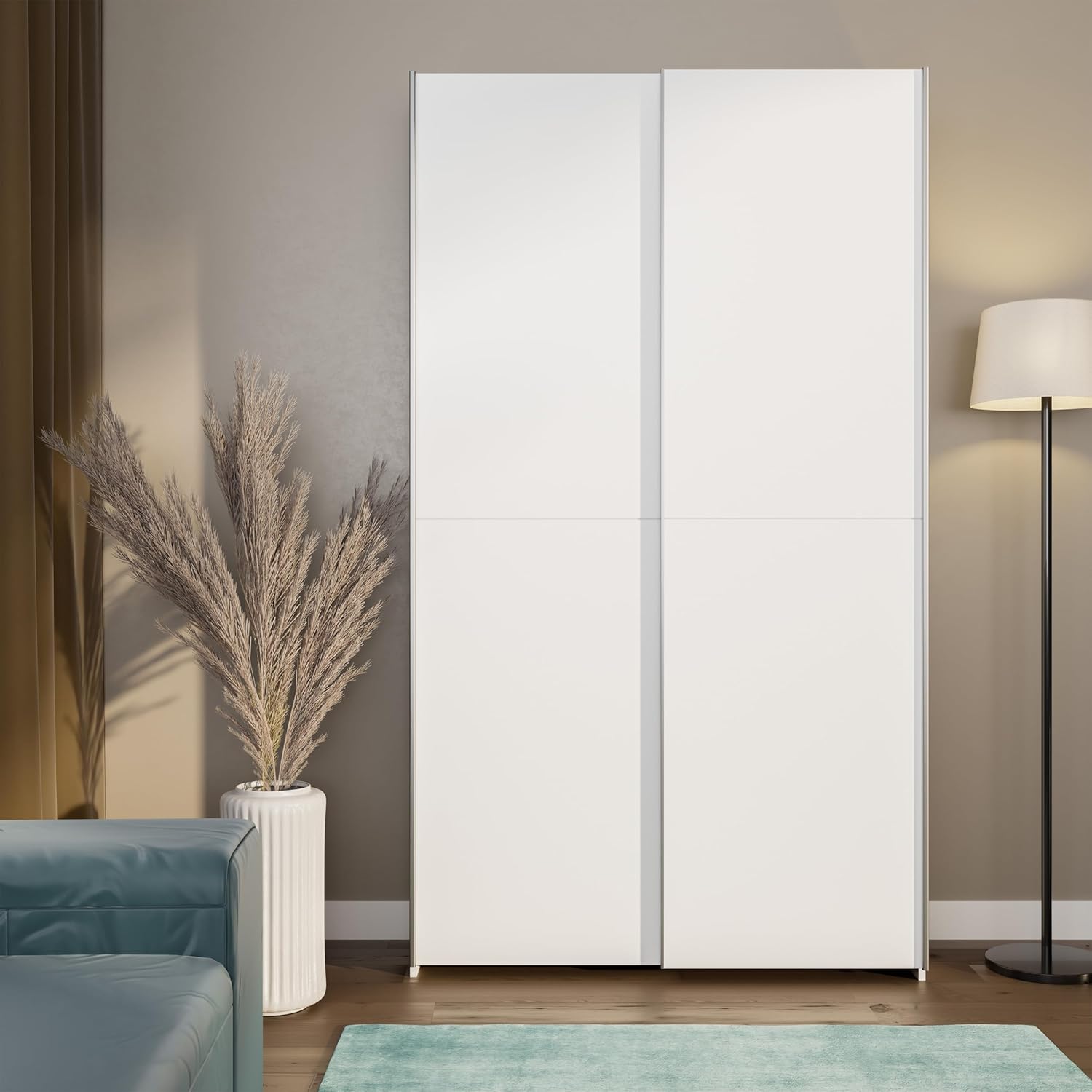 Forte Home Nook Mehrzweckschrank 120 40, moderner Schwebetürenschrank mit 2 Türen, Flur, Holzwerkstoff, Weiß, 120,1 cm breit x 210 cm hoch x 39,1 cm tief