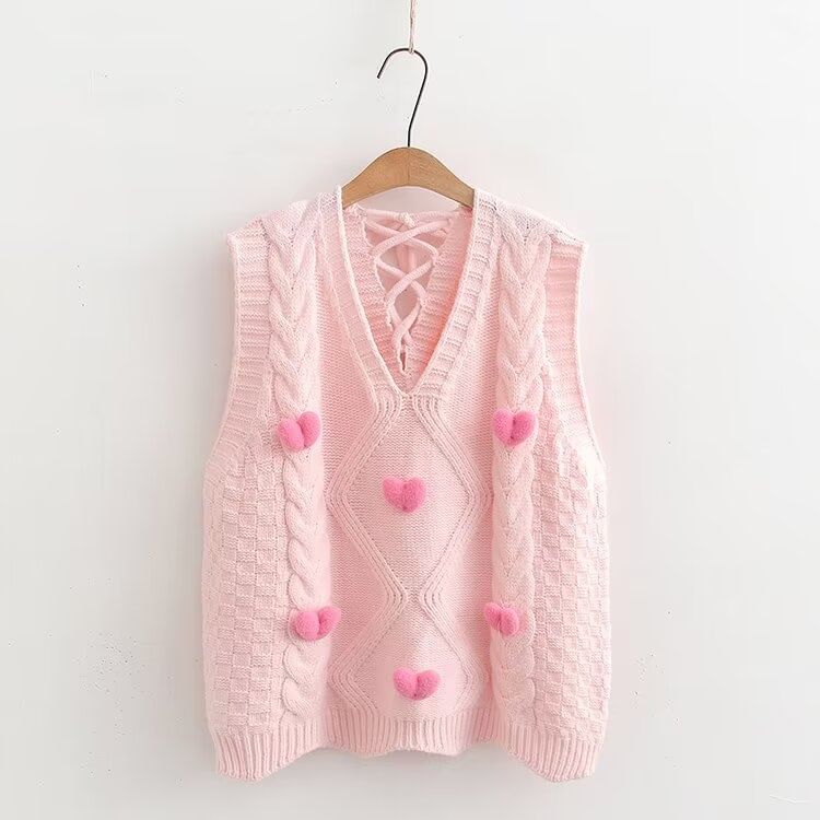PANDAGO - V-hals trui met hartaccent / effen shirt met lange mouwen / set