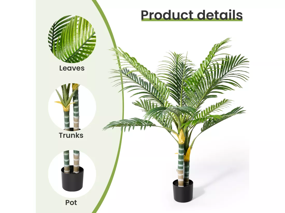 Plante artificielle vert - Palmier en pot H 120 cm - très réaliste palmier - 2 tronc et 15 feuilles - avec pot