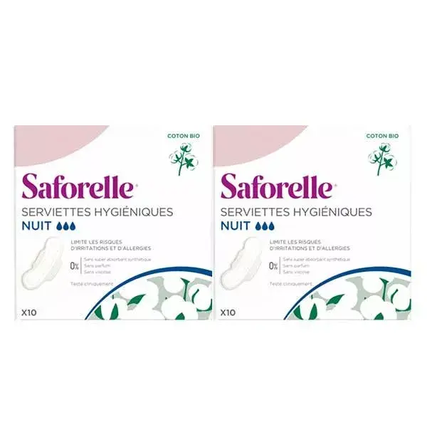 Absorventes higiênicos noturnos Saforelle em algodão orgânico - Pacote com 2 x 10 absorventes