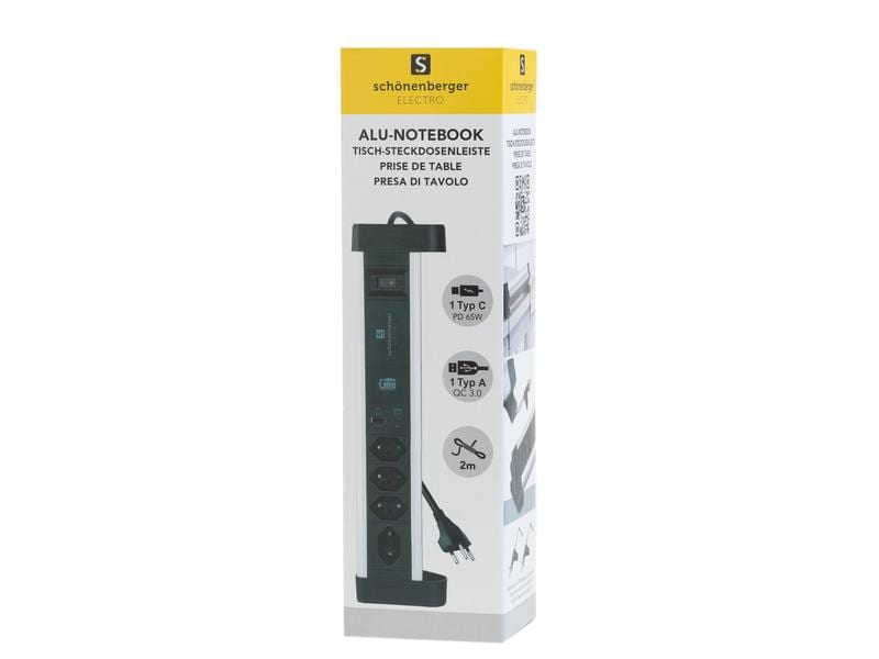 Schönenberger Tischsteckdosenleiste Alu-Office-Line 4 × T13 Alu Tischsteckdosenleiste mit 60W USB C Notebook Charger