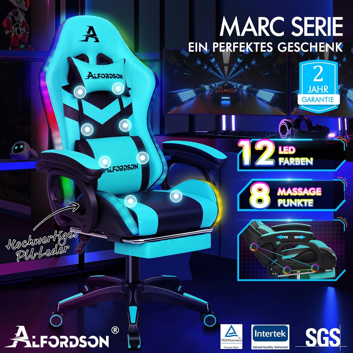 ALFORDSON Gaming Stuhl mit 8-Punkt Massage 12 Farben RGB LED-Licht, Bürostuhl Ergonomisch mit fußstützen, Kopfstütze Lendenkissen für Kinder Erwachsene, Cyan