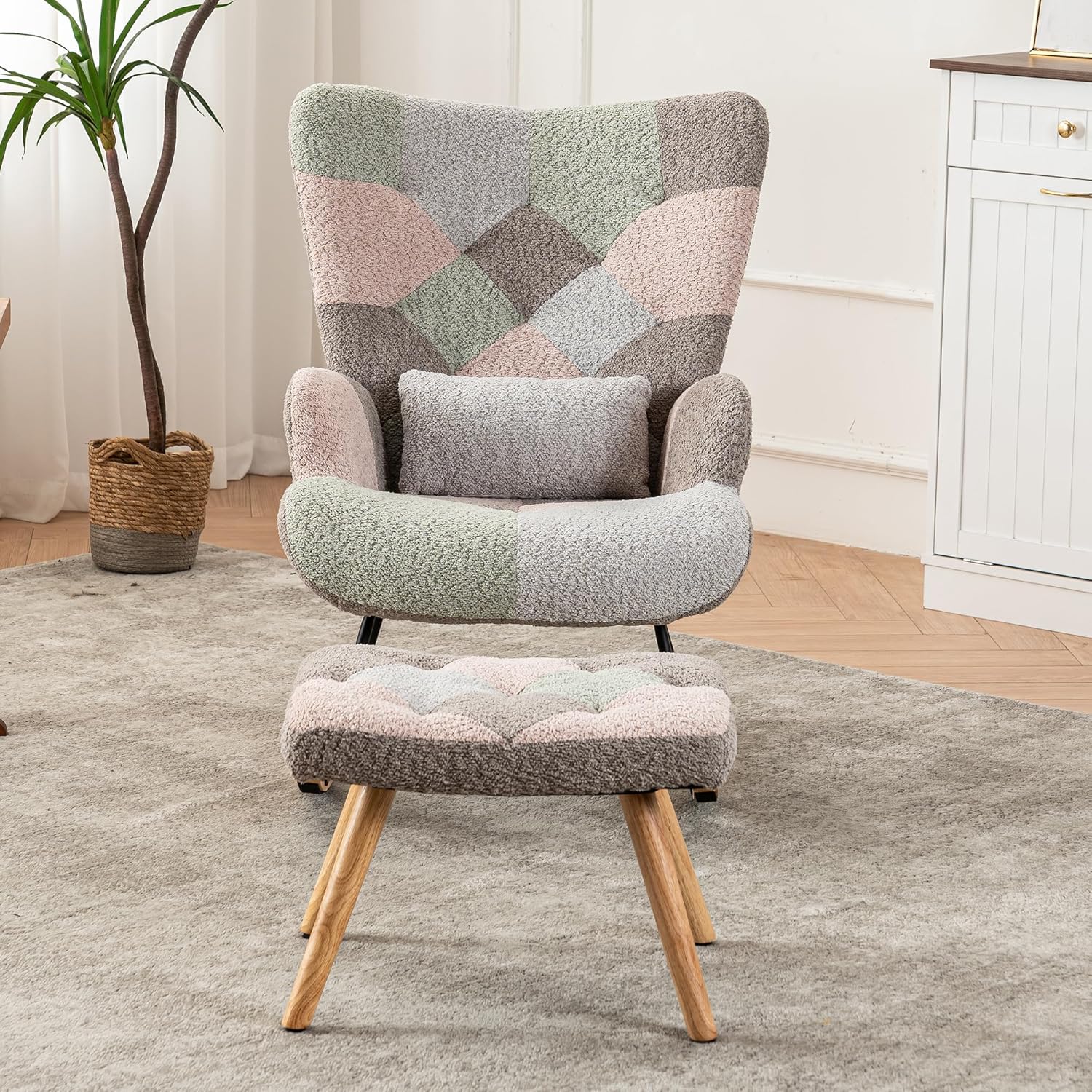 Merax Schaukelstuhl mit Hocker, Sessel Relaxsessel Schaukelsessel mit Flügelrückenlehne & Lendenkissen, Gepolsterter Wohnzimmersessel Schwingsessel, für Schlafzimmer Balkon, Metallgestell, Frottee