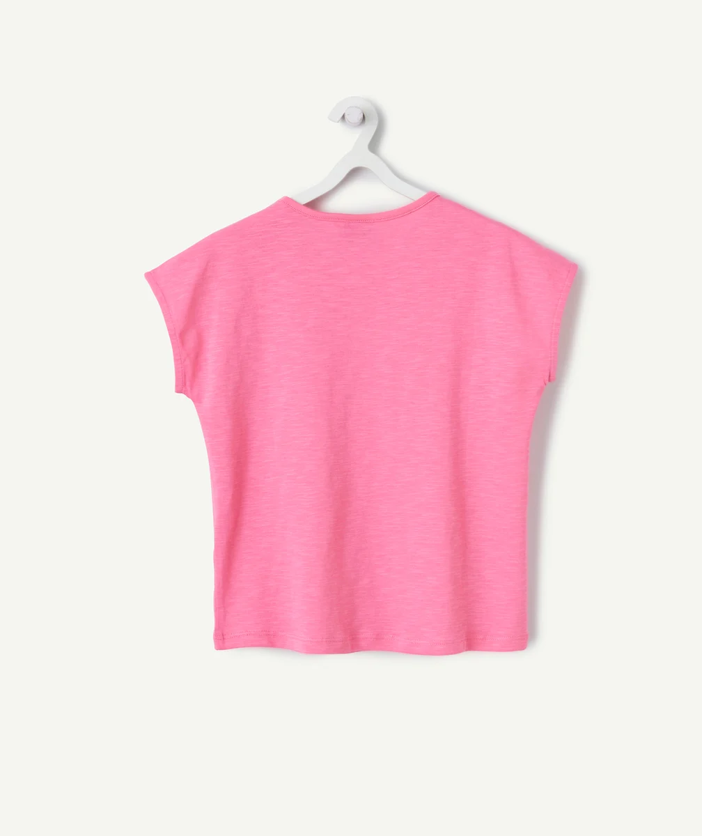 T-SHIRT FILLE EN COTON BIO ROSE AVEC POCHE EN CROCHET
