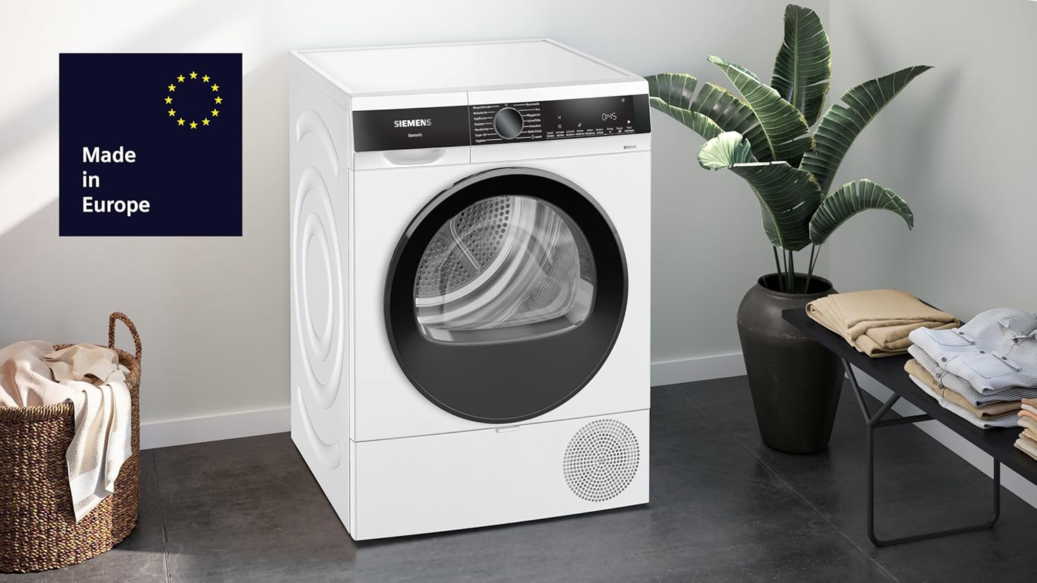 Siemens WQ33G2D41 iQ500, Wärmepumpentrockner 9 kg, schneller Trocknen mit speedPack, autoDry - schonende Trocknung, Halbe Beladung, Knitterschutz, Beladungsempfehlung, LED-Display, Weiß
