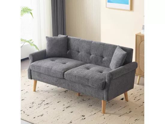Canapé 2 places en tissu Chenille gris - avec 2 oreillers - accoudoirs rembourrés - 20cm pieds en bois massif -162x74x77cm