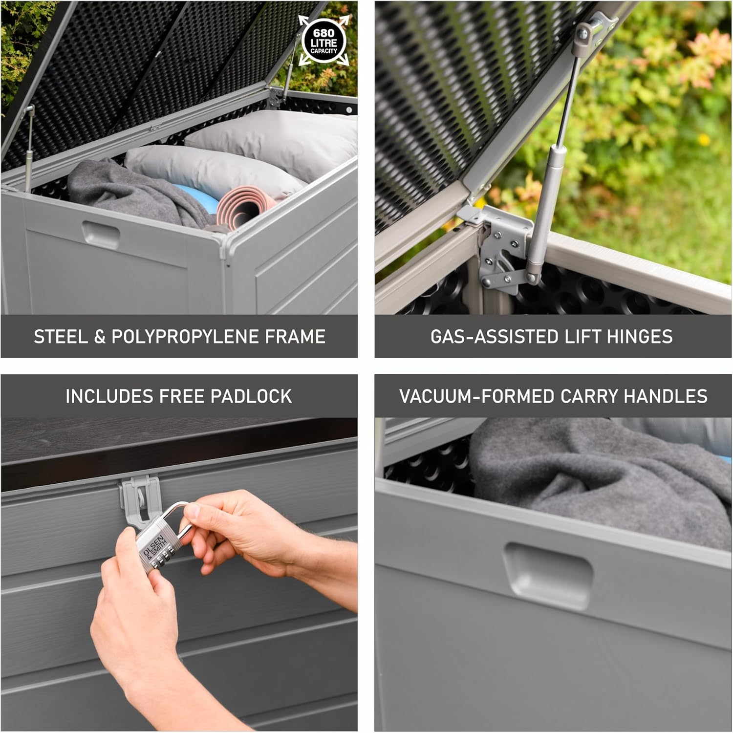 Olsen & Smith Gartenbox 680L | Wasserdicht & Wetterfest Abschließbare Polypropylene Aufbewahrungsbox aus | Große Gartentruhe für Garten, Balkon & Terrasse | Robust, Geräumig & Pflegeleicht–Anthrazit
