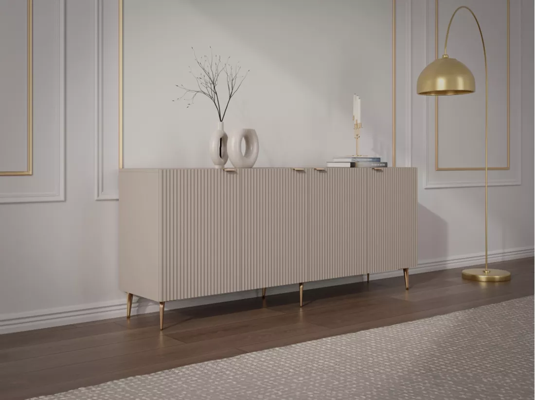 Buffet avec 4 portes en MDF et acier - Beige et Doré - YESINIA
