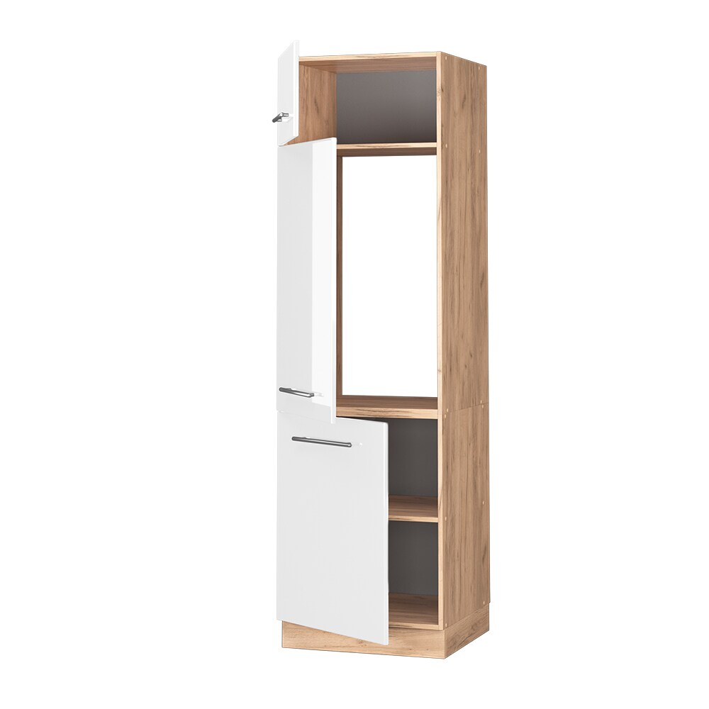 Vicco Kühlumbauschrank Küchenschrank Küchenmöbel Fame-Line Eiche Weiß modern 60 cm Küche Einbauküche Blende Drehtür Einlegeboden Kühlschrank Küchenzeile Hochglanz