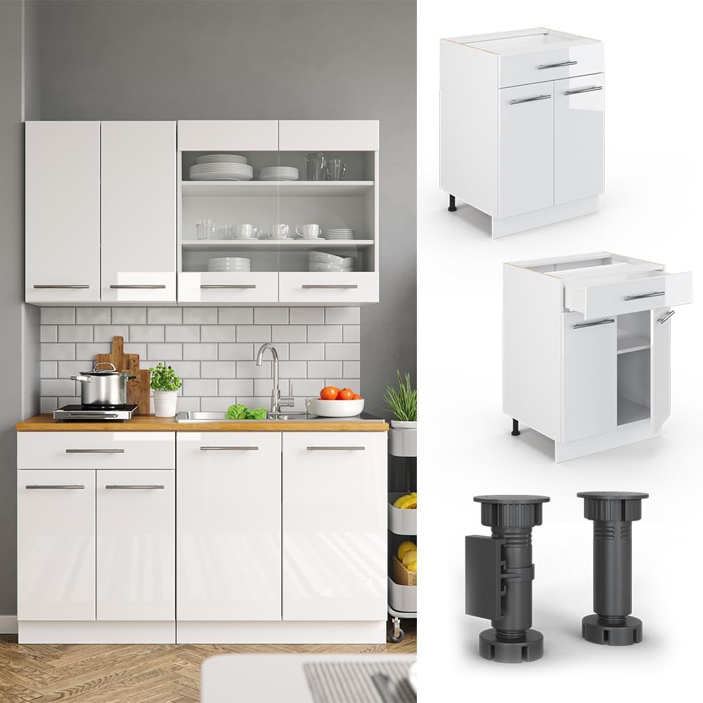 Vicco Küchenunterschrank Fame-Line, Weiß Hochglanz/Weiß, 60 cm mit Schublade, ohne Arbeitsplatte