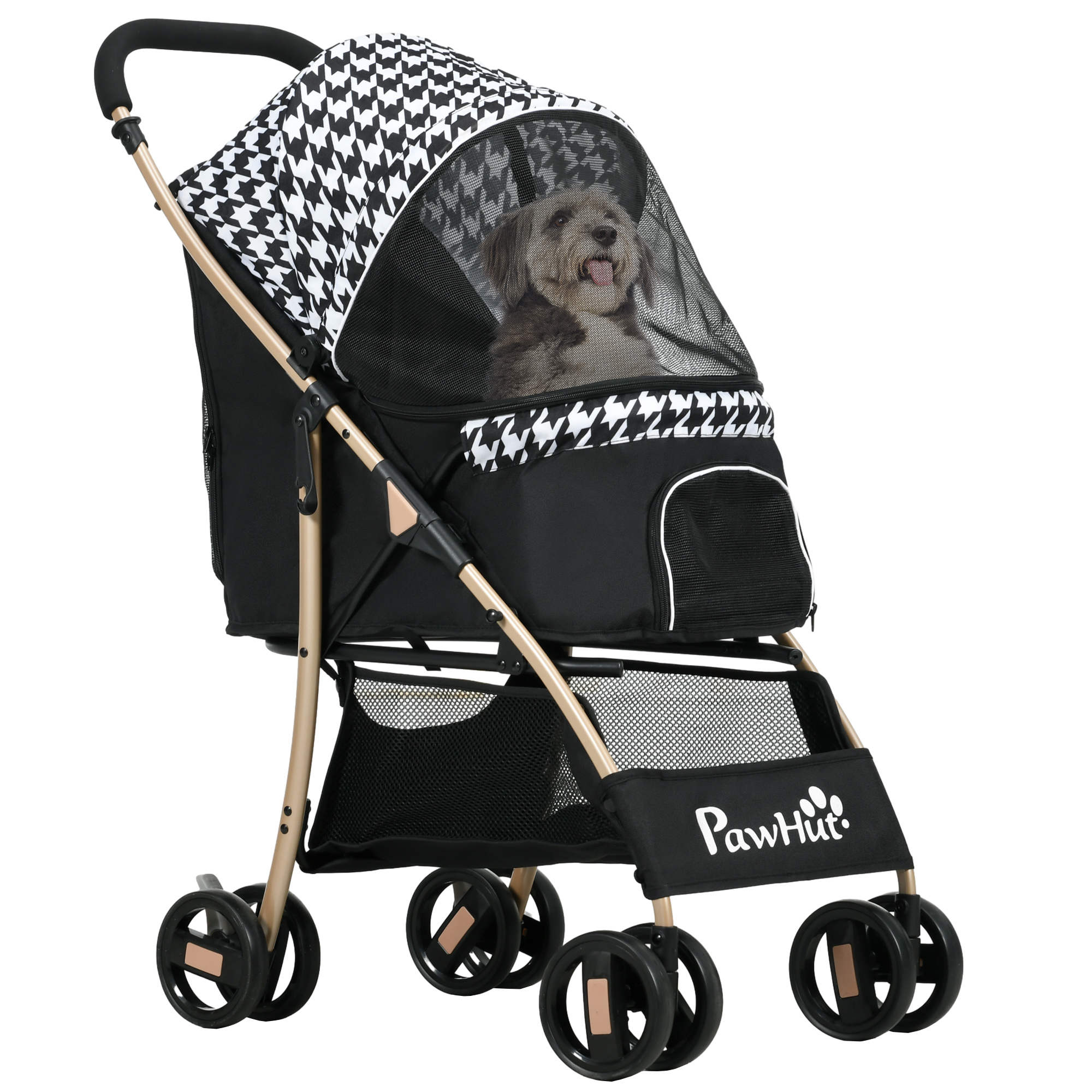 Carrinho dobrável para cães PawHut, com 2 portas, janela de tela, cesto de armazenamento, corda de segurança e almofada, 80x44,5x97 cm, preto.
